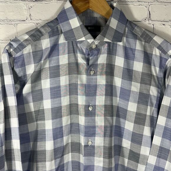 Hugo Boss Mens Slim Fit Long Sleeve Button Up Shirt Size 15 1/2 39 Purple Gray - Picture 2 of 9